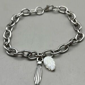 Silver Charm Bracelet with Mother of Pearl Leaf and Feather